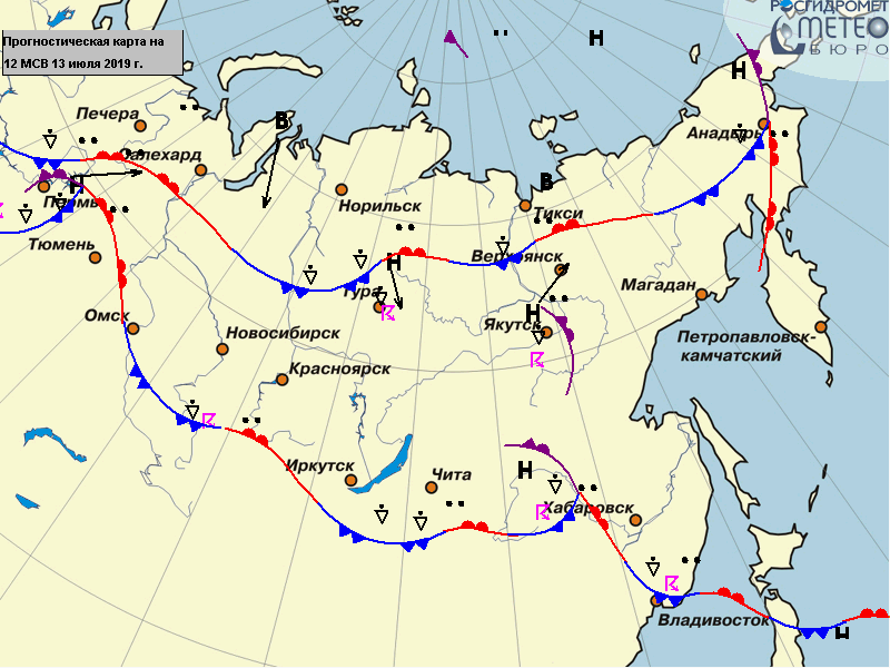 синоптическая карта Сибири и Дальнего Востока